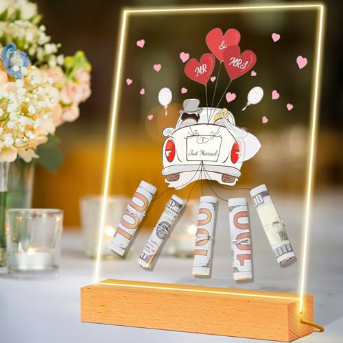 Hochzeitsgeschenk Geld, LED Geldgeschenk Hochzeit Hochzeitsgeschenke für Brautpaar, Acryl Hochzeitsgeschenke mit Holzfuß Geschenk Hochzeit Geldgeschenk Geldgeschenke Hochzeit