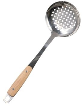 Cuchara Vaciadora de Acero Inoxidable, Cucharón Ranurado de 13.7 Pulgadas de Largo, Resistente al Calor, con Mango de Madera, Utensilios de Cocina para Cocinar, Freír