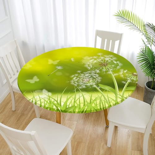 Morbuy Rund Tischdecke Elastisch, Löwenzahn Drucken Lotuseffekt Tischdecke Rund Tischdecken Abwaschbar Gartentischdecke Indoor Outdoor Tischtuch (Für Tisch 120-140 cm,Gras)