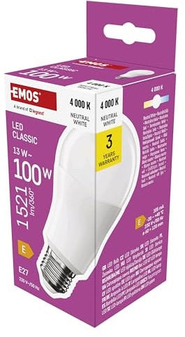 EMOS LED Lampe A60-Birne, 13W Ersatz für 100W Glühbirne, klassische Birne mit E27 Sockel, Helligkeit 1521 lm, Neutralweiß 4000 K, 30000 h Lebensdauer, CRI min. 80, 180° Abstrahlwinkel