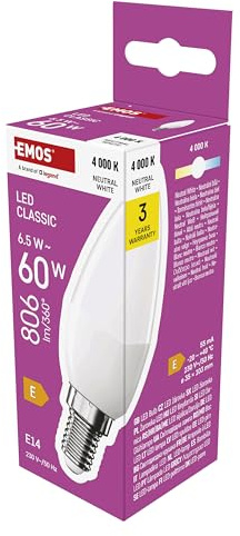 EMOS LED Lampe Candle, 6,5W Ersatz für 60W Glühbirne, Kerzenlampe mit E14 Sockel, Helligkeit 806 lm, Neutralweiß 4000 K, 30000 h Lebensdauer, CRI min. 80, 240° Abstrahlwinkel