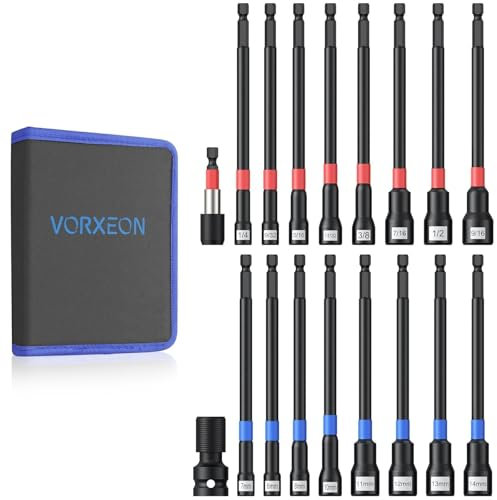 VORXEON 18pcs Magnetisches Steckschlüsselset 150mm SAE- Und Metrische 6mm-14mm&1/4-9/16 Schraubendreher Mit Schnellverschlussverlängerungen Schlagschrauberadaptern Bithalter Aufbewahrungstasche