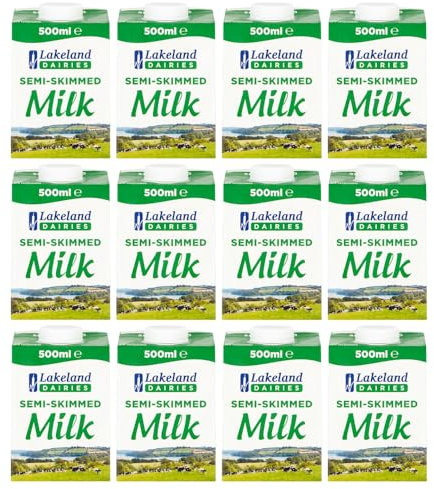 Lakeland UHT Semi Skimmed Milk 500ml Pack of 12 Low Fat 1.5% Long Shelf Life Calcium Dairy Drink Screw Top Multipack Catering Hospitality Office Pantry with Welari Thank You Card | (12pack) (6000ml)
