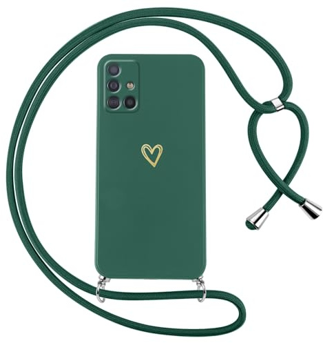 Oelrstfe Handyband für Samsung Galaxy A51 4G Hülle mit Band Herz Motiv Handyhülle für zum Umhängen Silikon Stoßfest Ultra Dünn Weich Schutzhülle mit Kordel Necklace Kette Love Muster Case,Grün