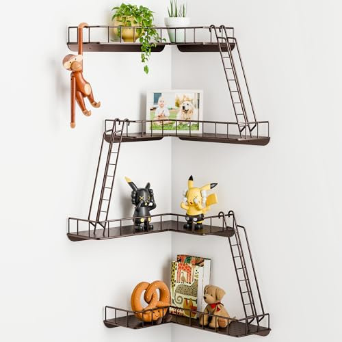 WOPITMER Fire Escape Wall Shelf - Modern City Style 4-Tier Corner Wall Shelves, Easy to Install Metal Ladder Shelf for Figures, New York Decorative Shelves for Bathroom, Living Room&Home Decor,Coffee