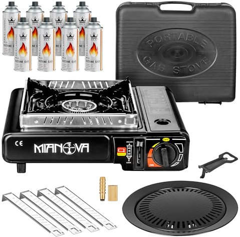 Taffstyle 2 en 1 LPG Conector Gas Camping Hornillo de Gas Hornillo de Gas Outdoor BBQ Grill Hornillo de emergencia Camping Herd 1 fogón maletín cortavientos cartuchos de gas negro cocina barbacoa 8