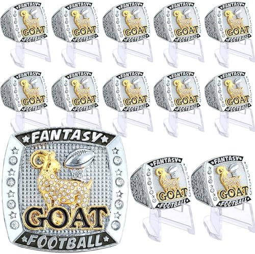 QUELAY 12 Set Goat Fantasy Fußball Ring Fußball Meisterschaft Trophäe Ring Greatest of All Time Geschenk Silber und Vergoldet Auszeichnung Geschenk für Turnier League Champion Gewinner mit Display