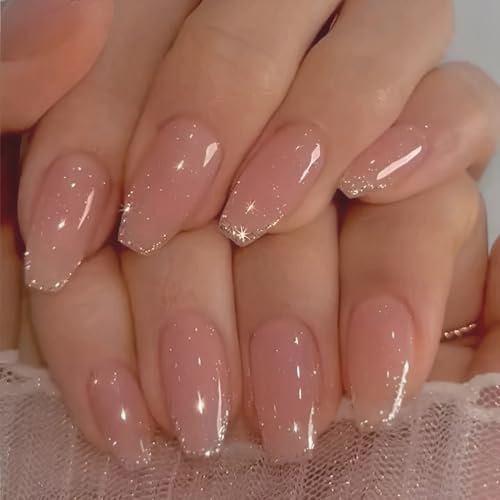 24 Stück Press on Nails, Glitzer Eckig French Künstliche Nägel, Acryl Full Cover Nägel Zum Aufkleben mit Nagelkleber Aufkleber, Fingernägel Kunstnägel Fake Nails für Frauen & Mädchen