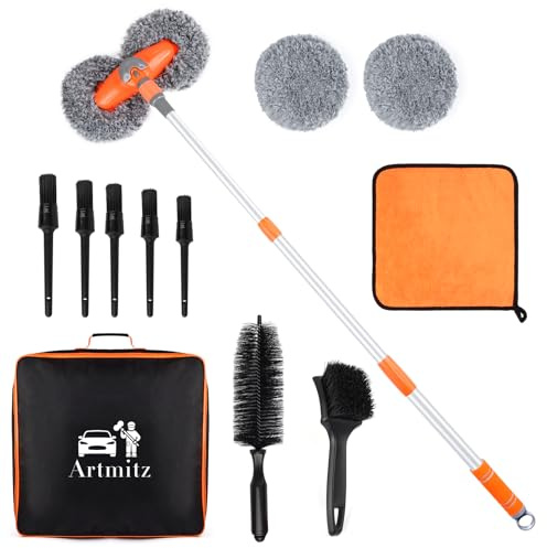 Artmitz 11-teiliges Autowaschbürsten-Set mit einziehbarem 47-Zoll-Aluminiumgriff, 2 Moppköpfen, kratzfreies Reinigungswerkzeug für Autos, LKWs, SUVs
