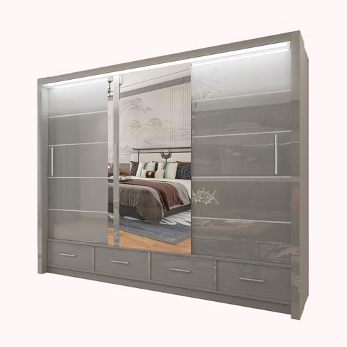 SERENITY SELECTION Modern High Gloss 2&3 Mirror Sliding Doors Wardrobe With Adjustable Shelves, Hanging Rails with LED Light,Bedroom Furniture (Grey, 255cm)