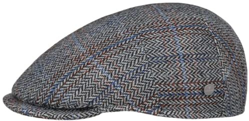 LIERYS Levante Flatcap Fischgrat 100% Schurwolle Made in Italy Herren Herbst Winter blau-grau 59 cm