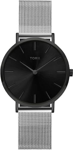 TORII Damenuhr Schwarz Edelstahl - rund Quarz B34SS.BB Milanaise-Armband Strichindizes wasserdicht 50 m