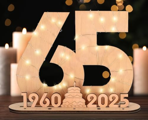 Giftota 2025 Originelle 65 Geburtstag Geschenk Frauen & Männer - Geldgeschenke Geburtstag 65 mit LED-Lichterketten - Dekorationen aus Holz - 65 Holz-Schild Gästebuch - Personalisierbares Geschenk