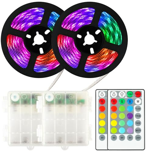 SOAIY Set of 2 LED Strips RGB 2 m Light Strip Battery Operated 16 Colours 4 Light Modes Cabinet Lighting LED Strip with Remote Control 4 Timers for TV Decoration Kitchen Wardrobe Bed Bedroom