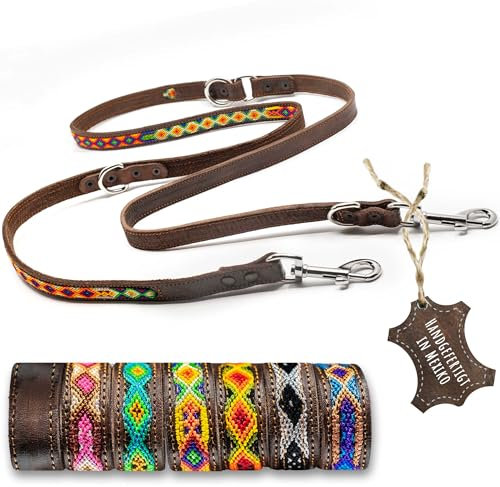 ALTEZAR Hundeleine Leder Breit Tribal Handgemacht in Mexiko für große Hunde Farbenrausch