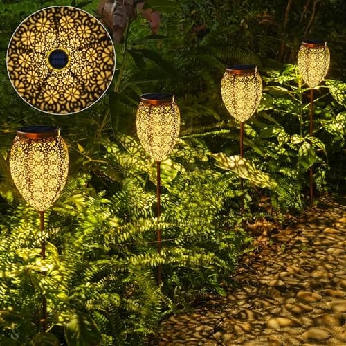 JOYCREATOR Solarlampen für Außen 4 Stück, LED Metall Garten Solarleuchten IP65 Wetterfest, Vintage Blume Gartenleuchten mit Erdspieß für Balkon Terrasse Deko (Kupfer)