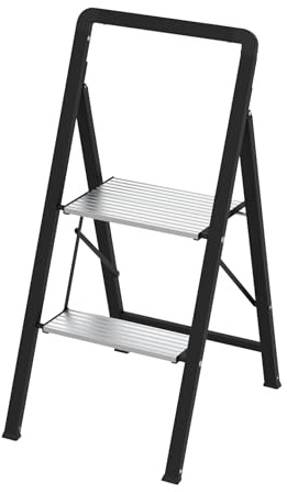 Home It® Trittleiter 2 Stufen klappbar | Ultrakompakte Aluminium-Stufenleiter mit Stahlrahmen | Faltbare Leiter mit Sicherheitsverriegelung | Belastbar bis 150 kg