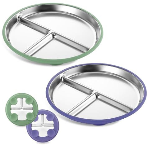 TELAIN Assiette En Acier Inoxydable Pour Enfants Avec Compartiments Et Ventouse En Silicone, Lot De 2 Assiettes Bébé En Vert Et Violet, Incassable Et Compatible Lave-Vaisselle Pour Des Repas Sans