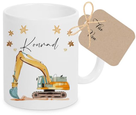 Manufaktur Liebevoll Tasse mit Namen Kinder Kindertasse mit Namen Becher Keramik Mädchen Junge Namenstasse Bagger Fahrzeug Geschenk