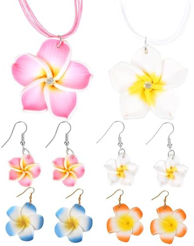 6 Stück Hawaii Deko, Hawaii Outfit Damen, mit 4 Paar Blumen Ohrringe und 2 Hawaii Thema Plumeria Halskette, Hawaii Kette für Dame, Hawaiian Urlaub Strand Hochzeit Hängend Hibiskusblüten Deko