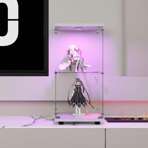 LLODERY Glasvitrine vertikal, 86 x 43 x 37 cm, zweistöckig, Eckschrank mit LED-Beleuchtung und Schloss, für Sammlungen, Wein, Wohnzimmer, Büro (Weiß)