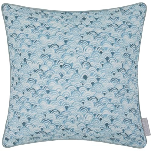 Voyage Maison Melia Feather Filled Cushion – Coastal Watercolour Blue Cotton Suede Piped Trim Decor (Glacier - 43x43cm)