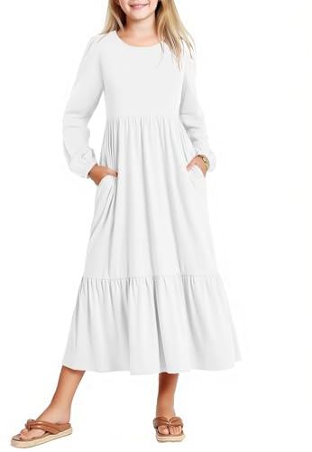 Arshiner Kids Dresses White Long Sleeve Ruffle Hem Casual Children's Girls Party Dress Round Neck Autumn Winter Dress Festive Evening Kids Halloween Dresses with Pocket 10-11 Years