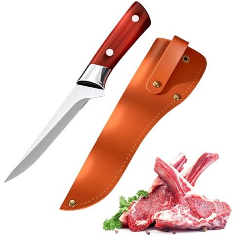 Fleischmesser Extrem Scharf, 2025 Neu Hochcarbonstahl Ausbeinmesser mit Ledersetztücke Kochmesser, 17cm Profi Filetiermesser Holzgriff Küchenmesser für Fleisch, Gemüse, Fisch (#B)