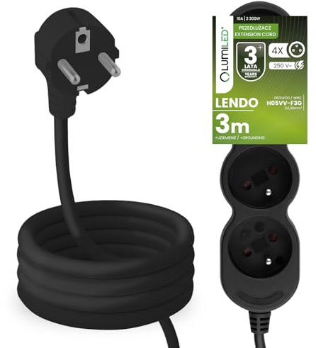 LUMILED Steckdosenleiste 4-Fach Typ E/F Schwarz mit 3m Kabel 2300W 10A 250V mit Kindersicherung und Halterung zur Wandmontage