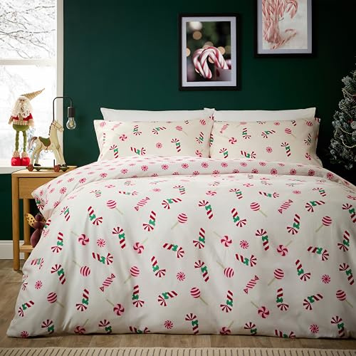 Olivia Rocco Christmas Duvet Cover Set Festive Bedding Quilt Cover Xmas with Pillowcases Reversible Design Easy Care Bed Linen Sets, Candy Cane Sweets Multi, King