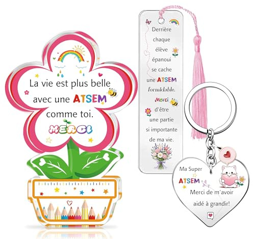 Atsem Cadeaux Enseignants Jour Apprécier Cadeaux Fleur Signes Marque-page Porte-clés Ensemble de 3 Pièces Maître Anniversaire Noël Souvenirs Enseignes Femmes Hommes Retraite Super Atsem Merci (Rose)