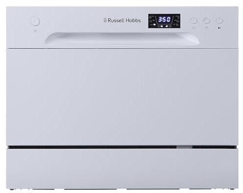 Russell Hobbs Table Top Dishwasher Compact Mini with 6 Place Settings, LED Display, Button Control, 6 Programmes, Portable & Efficient, 24hr Timer, Rinse & Eco Mode in White, RH6TTDW0D1W