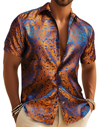Barry.Wang Mens Silk Paisley Short Sleeve Button Up Shirt Disco Orange Teal
