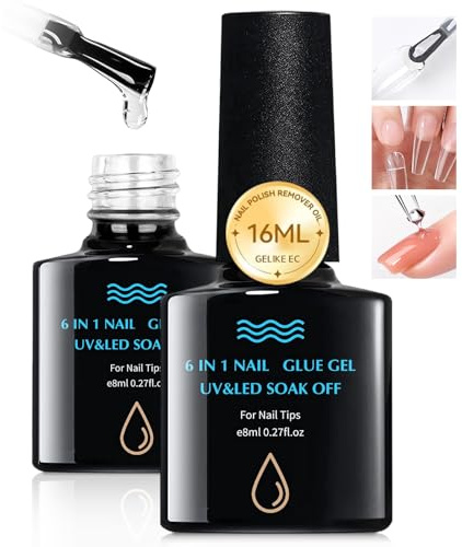 Pegamento Uñas Postizas,2x8ml Pegamento En Gel 6 En 1 Para Uñas,Adhesivo para uñas postizas Y Tips Transparentes,Nail Extend Pegamento,Necesita UV Curado Con Luz
