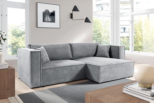 Furnisell KEYMON Cord Ecksofa mit Schlaffunktion und Bettkasten, Schlafsofa mit 200 x 136 cm Liegefläche (Hellgrau)