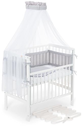 FabiMax Boxspring Baby Beistellbett Flex 90x55 Komplettset, aus Buchenholz weiß lackiert, mit innovativem verstellbarem Seitengitter, passend für Boxspringbetten (Grau, Comfort 90x5)