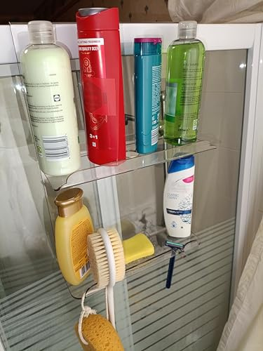 Generisch Étagère de douche en plastique PETG, à suspendre, sans perçage, antirouille, porte-savon amovible, pour parois de douche jusqu'à 25 mm