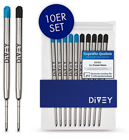 DIVEY Kugelschreiberminen für das G2-Format - hochwertige Großraumminen im 10er Pack - Ersatzminen - Kugelschreiber Minen - Kuliminen - Kugelschreiber Patrone - Schwarz & Blau