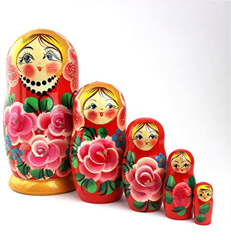 Heka Naturals Russische Matroschka-Puppen, 5 traditionelle Matroschkas Rosen-Stil | Babuschka Holzpuppen, Pinkes Rosen-Design, Handgefertigt in Russland | Rosen, 5 Stück, 18 cm
