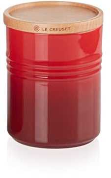 Le Creuset Steinzeug Mittelgroße Vorratsdose mit Holz-Deckel, Steinzeug, 540 ml, 10 cm, Kirschrot, 91044401060099