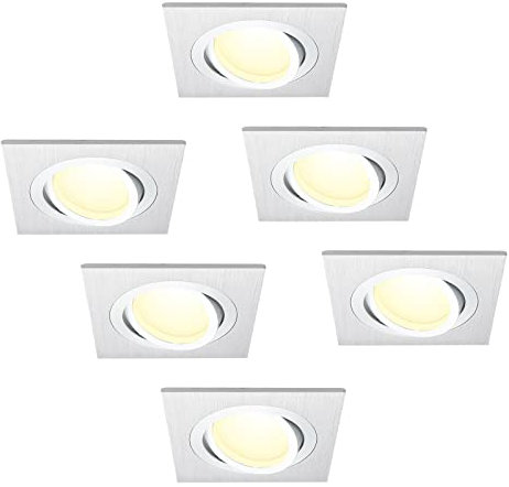 HCFEI 6er Set LED Einbaustrahler dimmbar flach Eckig, Silber gebürstet, Schwenkbar mit 5W LED Modul Warmweiß 3000K für 230V ohne Trafo, glanzpolierter Innenring