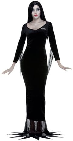 Smiffys Kostüm Addams Family Morticia, Schwarz, mit Kleid und Perücke