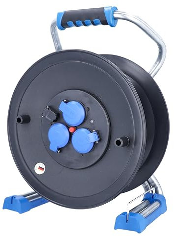 as - Schwabe Xperts Kunststoffkabeltrommel Leertrommel Ø320 mm für ca. 50m Kabel, 3 Schutzkontaktsteckdosen 230V/16A, USB, Thermoschutzschalter, Spannungsanzeige, Doppelrohrgestell, IP44, 23620