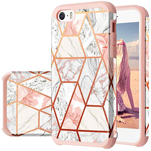 Fingic Coque pour iPhone 5/5S, iPhone SE, iPhone SE/5/5S, Coque Fine 2 en 1 en Polycarbonate Rigide et Silicone Souple Hybride résistant aux Chocs, Coque de Protection pour iPhone SE/5/5S, Or Rose