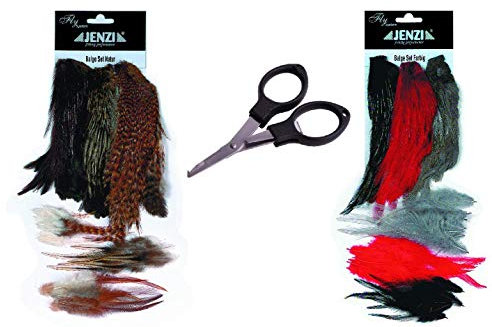 Fliegenbinde Set von Jenzi, Streamer, Fliegen DIY 67 teilig, Federn Fly Tying Capes hackles + gratis Angelschere