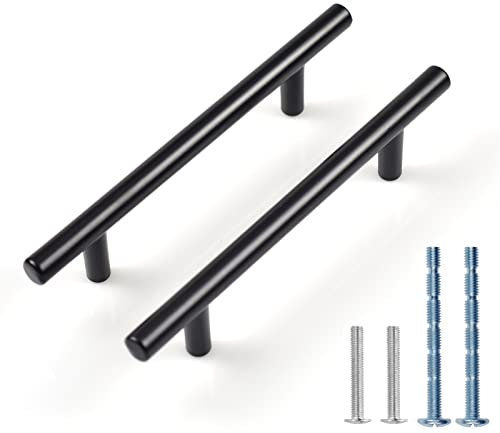 12 Pcs Black Cupboard T Bar Handle, Kitchen Drawer Door Handles, Cabinet Pulls with 2 Size Screws, Replacement Knobs for Bedroom Bathroom Furniture Wardrobe (128mm)
