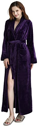 ROSEEM Womens Full Length Dressing Gown - Soft Warm Fleece Bath Robe, Ladies Cozy Loungewear, Nightwear PURPLE-L