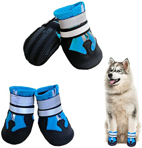 NeuWook Scarpe per Cani, Set di 4 Stivali per Cani Impermeabile con Cinturini Riflettenti, Scarpe Cane con Cinturini Riflettenti e Suola Antiscivolo per Protezione Le Zampe per Cani (M, Blu)