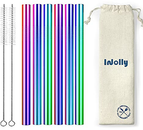 InJolly 6pcs Paille Bubble Tea Reutilisable, 12mm Grande Paille Inox, Paille Metal avec Brosses et Sac pour Boba, Smoothies, Jus et Milkshakes