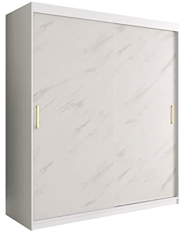Mirjan24 Kleiderschrank Kamoga T, Schwebetürenschrank mit 2 Kleiderstangen, Marmor Optik Muster, Schiebetürenschrank für Schlafzimmer, Garderobe (Modell 180, mit Schubladen, Weiß/Marmor Weiß + Gold)